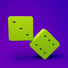 Green Game dice icon isolated on purple-blue background. Casino gambling. Minimalism concept. 3D render illustration