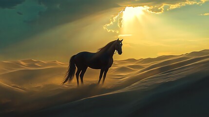 Majestic horse silhouetted against a vibrant desert sunset with dramatic sunbeams