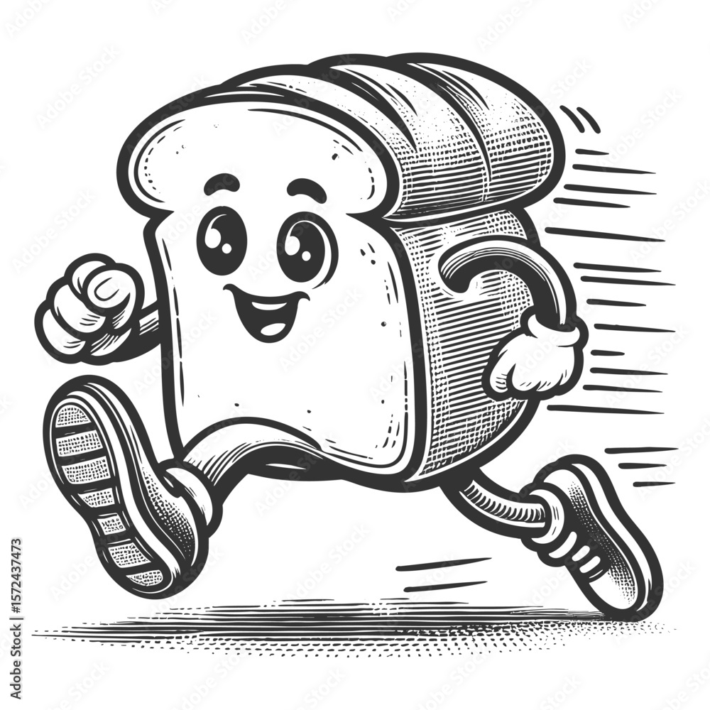 Poster smiling cartoon bread slice with arms and legs, running energetically with motion lines sketch engra