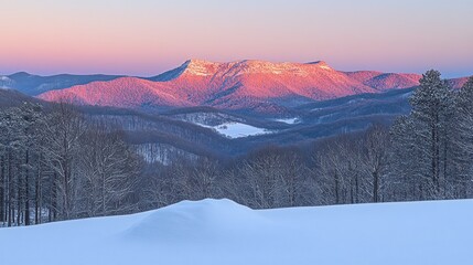 Winter mountain sunrise panorama. Snow-covered peaks bathed in a vibrant pink and purple sunrise