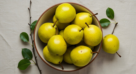 Top View of Fresh Pear Fruits and Slices on White Background