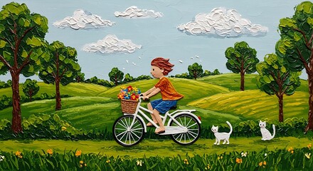 Impressionist Painting Boy on Bicycle with Flowers in Basket Landscape