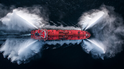 A red cargo ship on the ocean, with white smoke coming out of its deck and side funnels. The boat is surrounded by large water splashes from an explosion near its bow