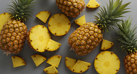 Top View of Fresh Pineapple Fruits and Slices on White Background