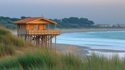 Wooden beach hut on stilts overlooking a sandy beach