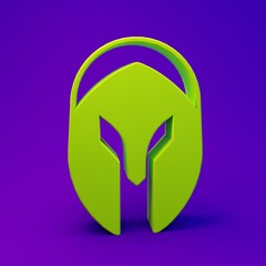Green Medieval iron helmet for head protection icon isolated on purple-blue background. Knight helmet. Minimalism concept. 3D render illustration