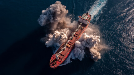 A red cargo ship on the ocean, with white smoke coming out of its deck and side funnels. The boat is surrounded by large water splashes from an explosion near its bow