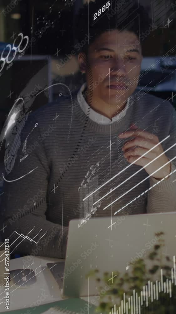 Poster animation of data processing against thoughtful man using laptop working late at office