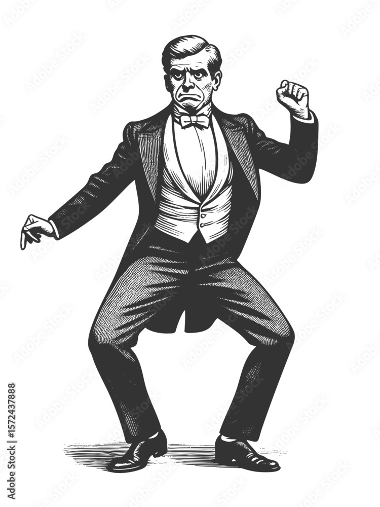 Poster gentleman in a tuxedo striking a flamboyant dance pose with exaggerated flair sketch engraving gener