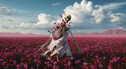 Surreal Field of Flowers with Skeleton and Blooming Floral Growth Landscape