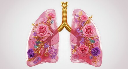 Artistic Floral Lungs Anatomy Illustration with Roses and Golden Accents Decorative