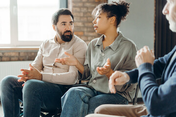Patients discussing problems with counselor during psychotherapy session