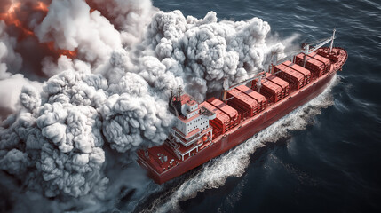 A red cargo ship on the ocean, with white smoke coming out of its deck and side funnels. The boat is surrounded by large water splashes from an explosion near its bow