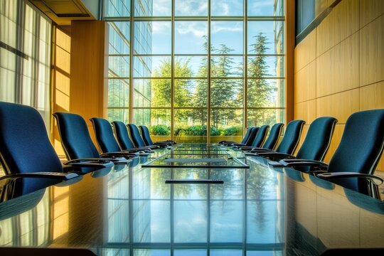 A large conference room with a long table and many chairs. Modern glass office meeting interior with board and armchairs.