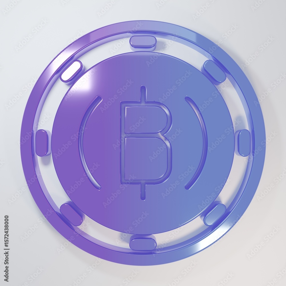 Poster purple-blue cryptocurrency coin bitcoin icon isolated on grey background. physical bit coin. blockch