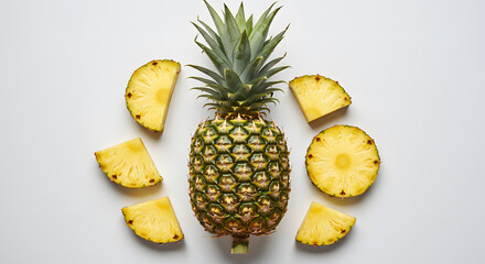Top View of Fresh Pineapple Fruits and Slices on White Background