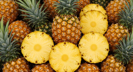 Top View of Fresh Pineapple Fruits and Slices on White Background
