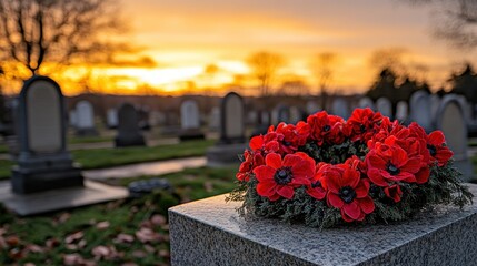 Wreath on tombstones at sunset