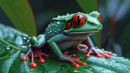 Vibrant Red-Eyed Tree Frog Perched on a Glossy Green Leaf with Water Droplets in a Lush Tropical Rainforest Close-Up

