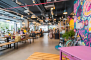 Obraz premium Blurry Indoor Cafeteria or Restaurant with People and Colorful Decoration, motion blur Business concept, motion bokeh background
