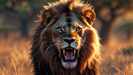 Roaring Lion in Dry African Landscape with Warm Sunlight, Textured Fur, and a Second Lion Silhouetted in the Distance

