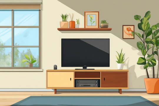 A modern living room with a large flat screen TV and a wooden coffee table. Modern home living room interior with tv screen shelf with decor and window.