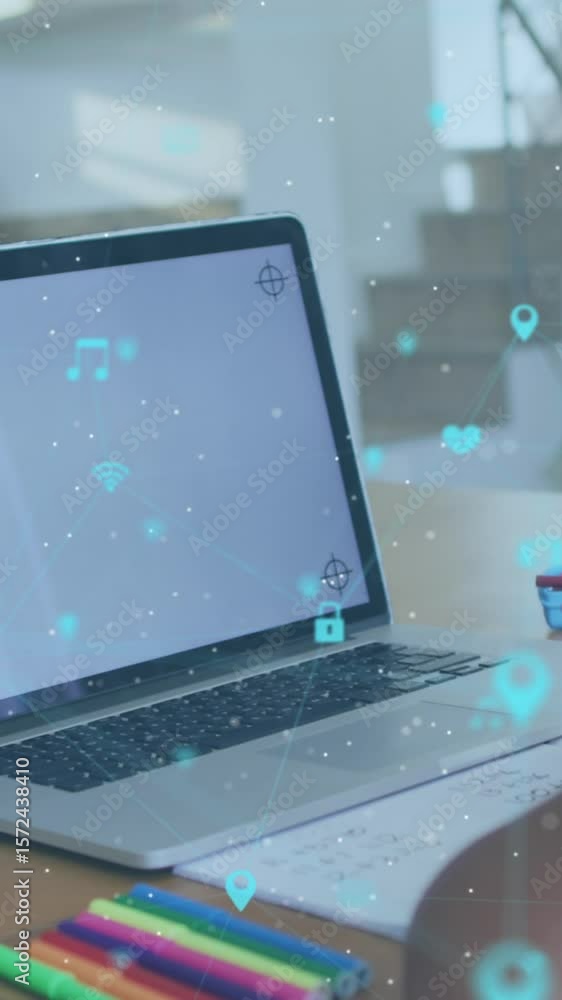 Poster animation of network of connections with icons over girl using laptop with copy space