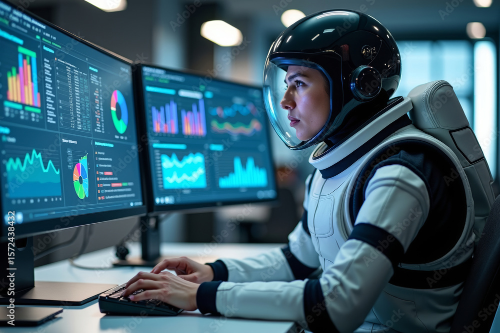 Aufkleber futuristic astronaut working in modern office: analyzing a busy spreadsheet on computer monitor