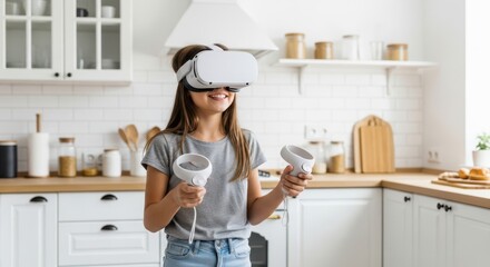 A young girl is exploring virtual reality in her kitchen with a vr headset and controllers