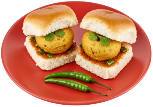 Two delicious vada pav sandwiches with green chilies on a red plate isolated on transparent background - Powered by Adobe