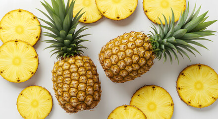 Top View of Fresh Pineapple Fruits and Slices on White Background