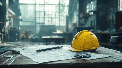 Yellow hard hat on blueprints in a workshop