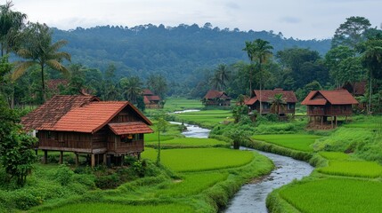 Wooden houses in a lush valley with rice paddies and a meandering river
