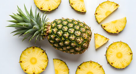 Top View of Fresh Pineapple Fruits and Slices on White Background