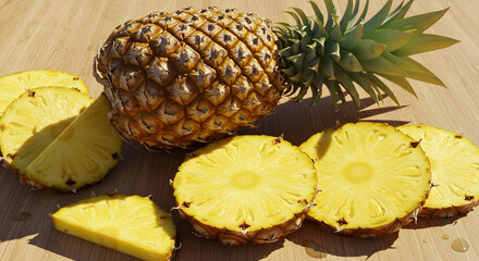 Top View of Fresh Pineapple Fruits and Slices on White Background