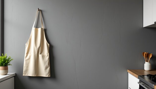 a modern kitchen with a neutral color scheme. a wooden apron hangs from a hook on a wall, near the edge of a gray countertop - Powered by Adobe