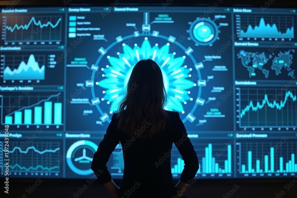 Aufkleber woman analyst standing in front of huge, interactive data dashboard showing detailed financial busin