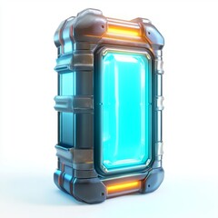 Futuristic sci fi container pod with glowing blue liquid and orange lights for game asset and design 3d