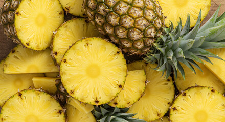 Top View of Fresh Pineapple Fruits and Slices on White Background