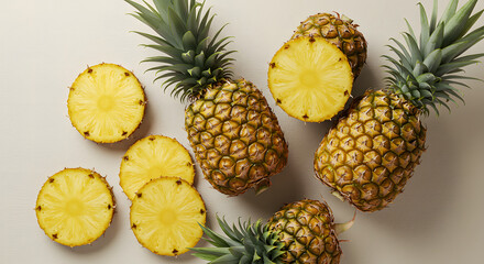 Top View of Fresh Pineapple Fruits and Slices on White Background