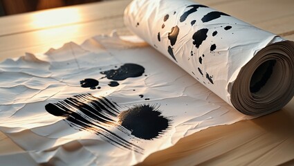 Rolled Calligraphy Paper with Ink Blots background