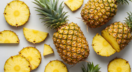 Top View of Fresh Pineapple Fruits and Slices on White Background
