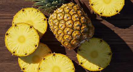 Top View of Fresh Pineapple Fruits and Slices on White Background