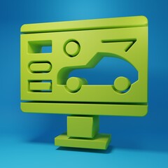 Green Hardware diagnostics condition of car icon isolated on blue background. Car service and repair parts. Minimalism concept. 3D render illustration