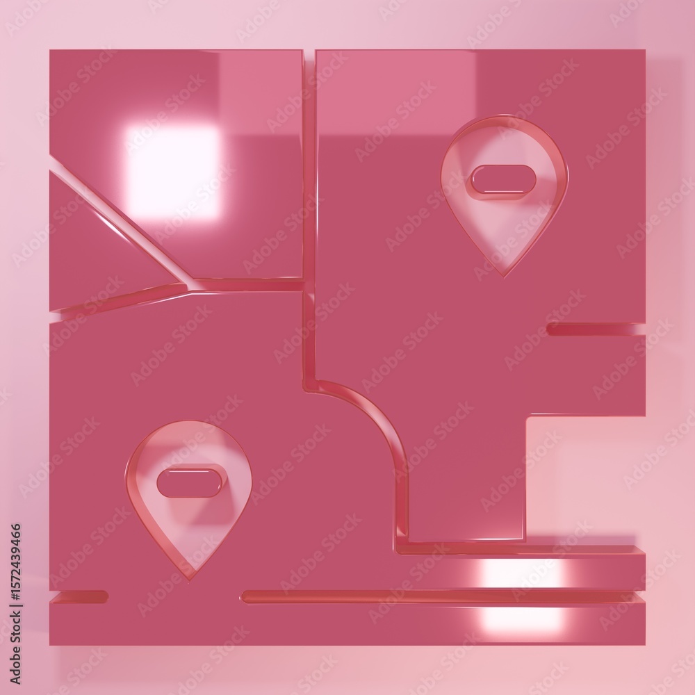 Aufkleber pink folded map with location marker icon isolated on pink background. minimalism concept. 3d render