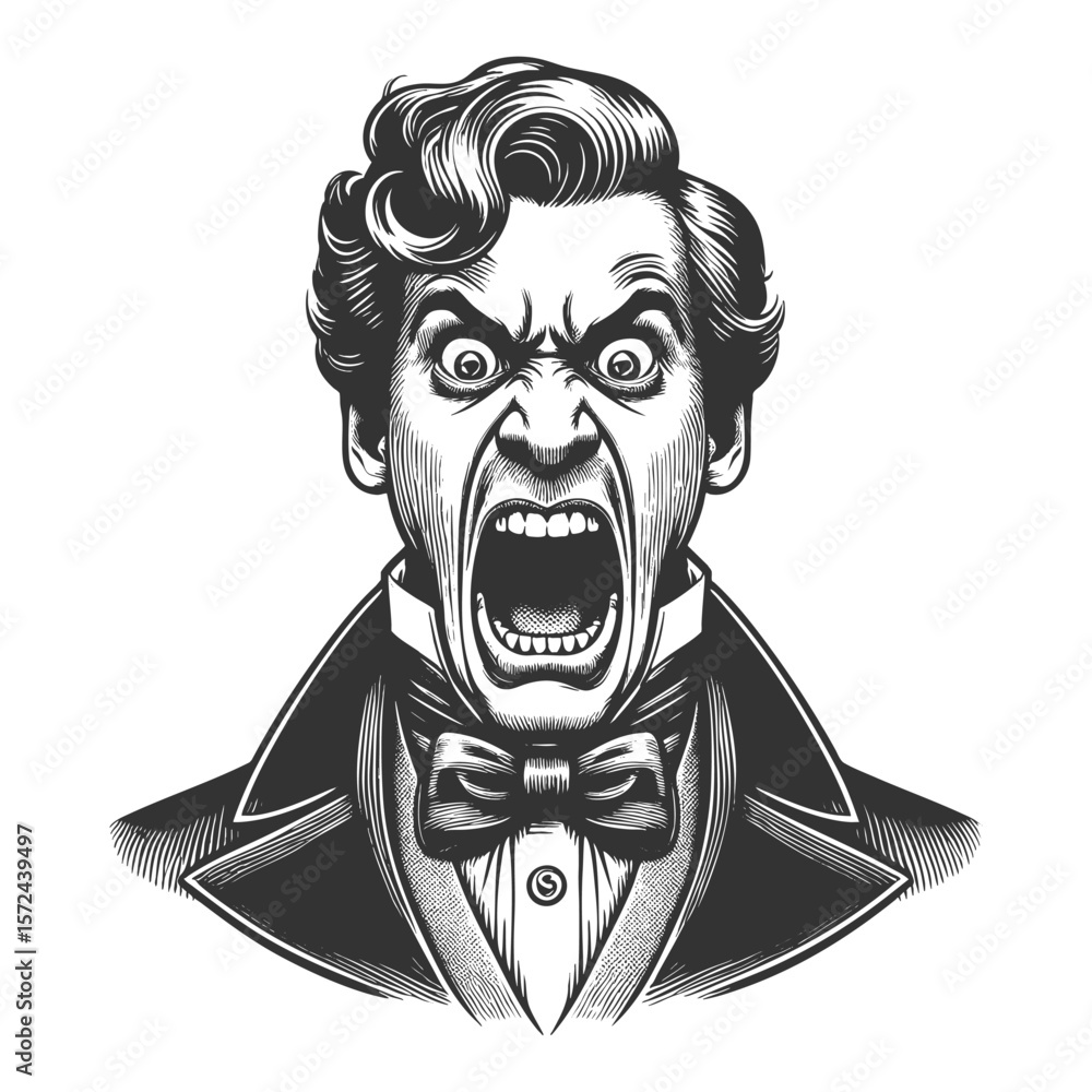 Poster formally dressed man with a furious expression, mouth wide open in a loud scream or shout sketch eng