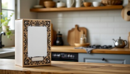 an open wooden frame with a black and white photograph inside it, placed on top of a kitchen countertop