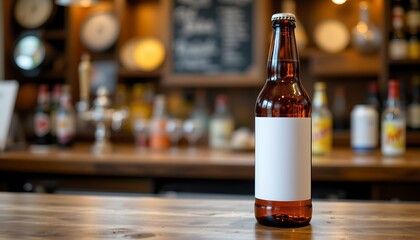 in a dimly lit bar setting, a bottle of beer with a label featuring a black square is prominently displayed on a wooden table