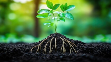 Young sprout emerging from dark soil, vibrant green leaves