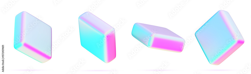 Poster neon metal square plate shapes 3d render icon set. holographic y2k abstract cube blocks with bright 
